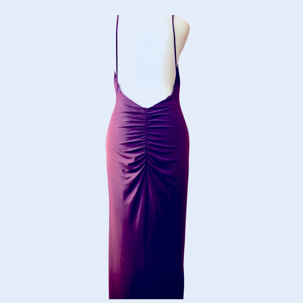 Knee length purple bodycon dress with sexy lower open back with ruching